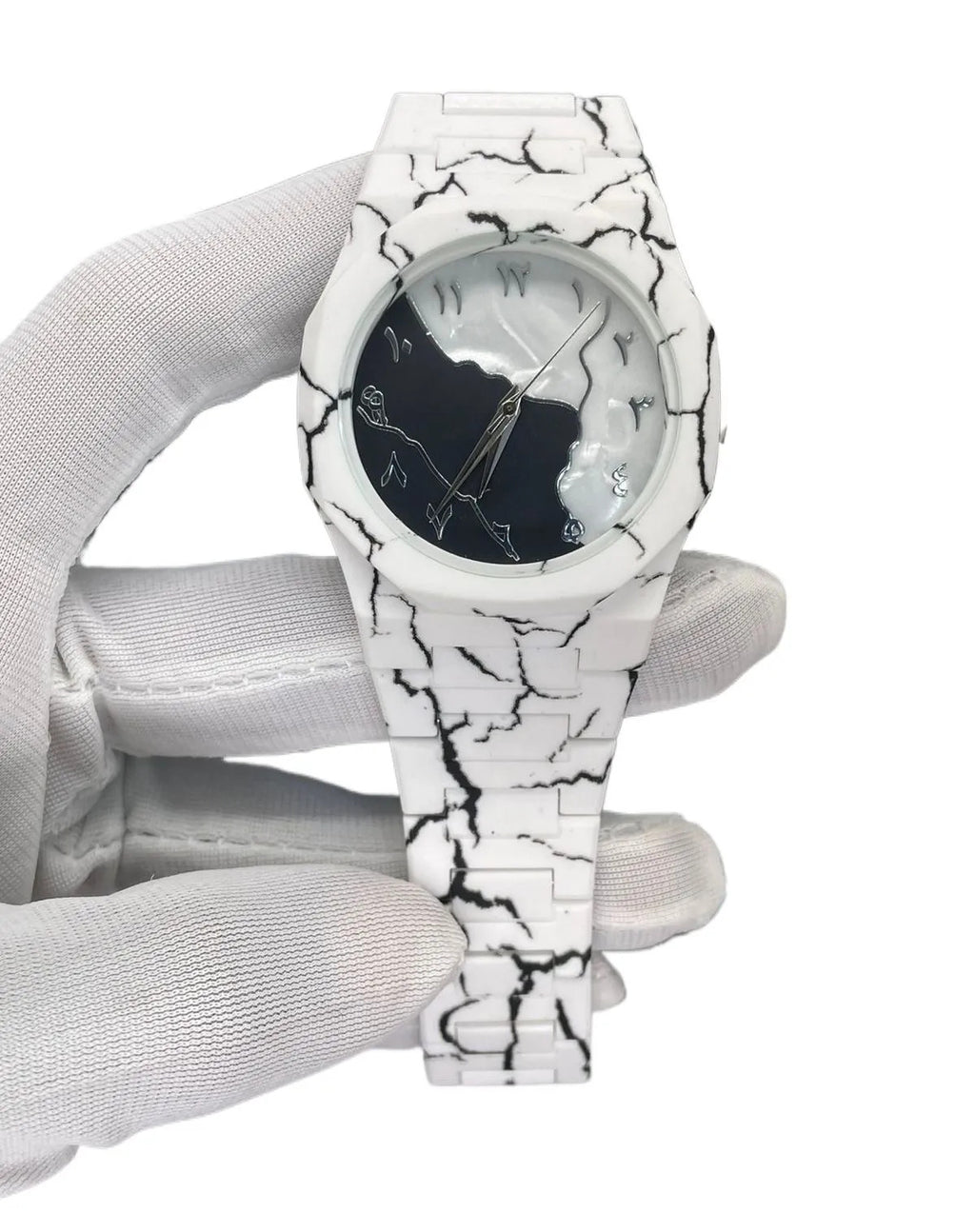 white marble Black arabic aura watch