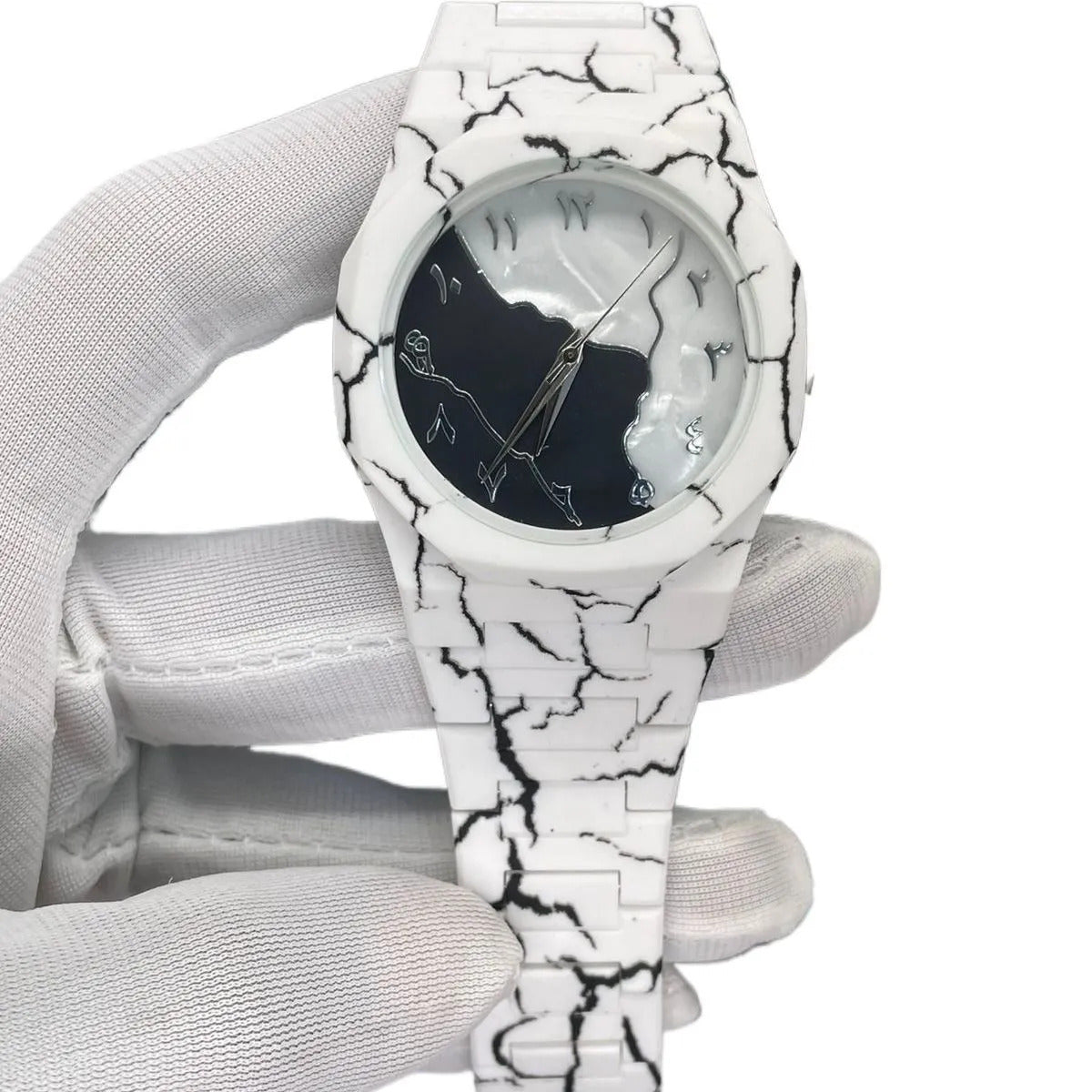 white marble Black arabic aura watch