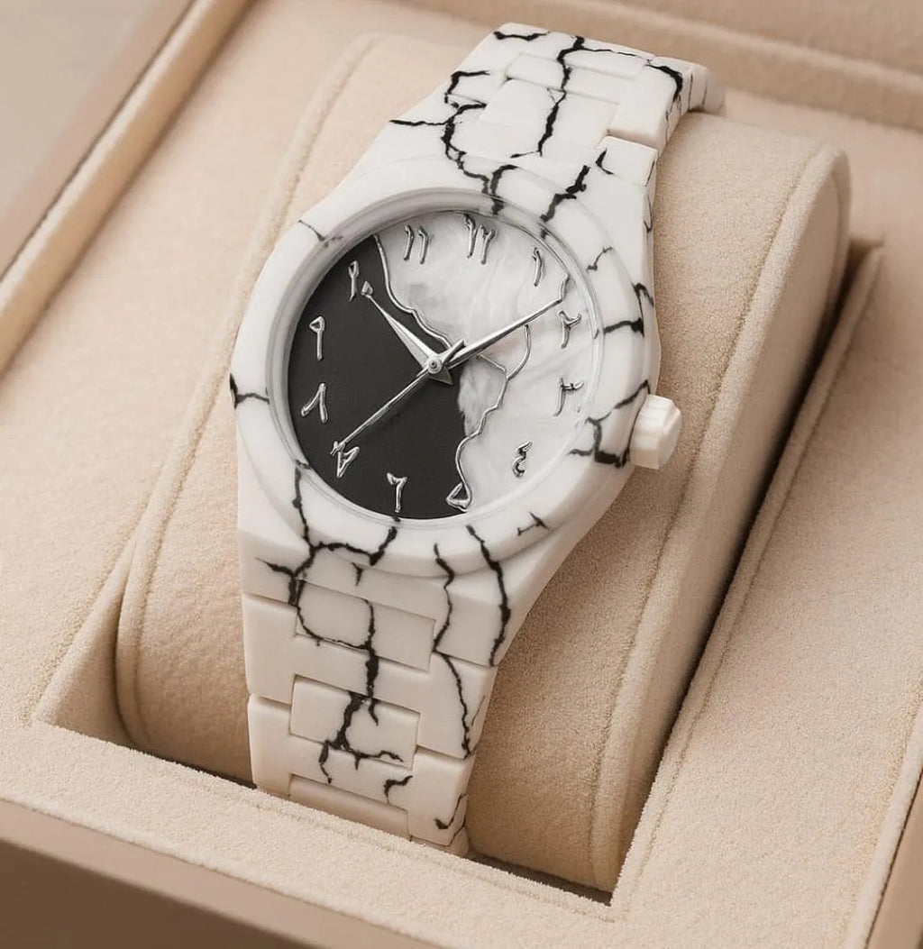 white marble Black arabic aura watch