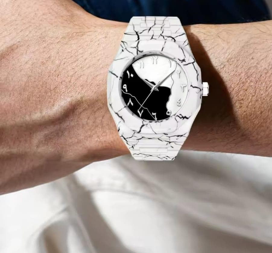 white marble Black arabic aura watch